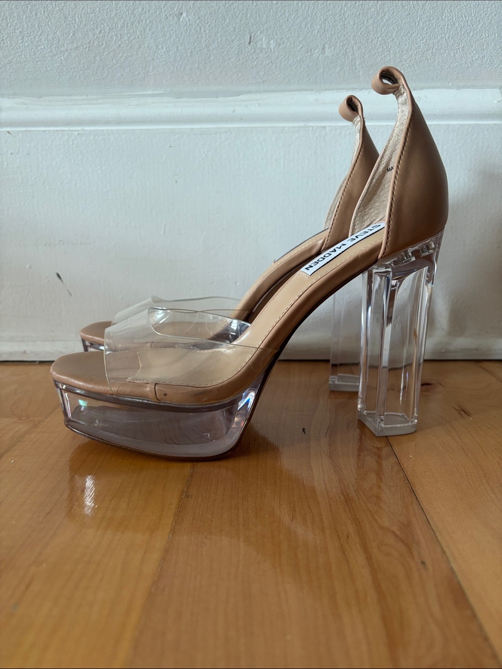 Steve Madden Nude Tan Platform Heels with Clear Straps - Picture 3 of 5